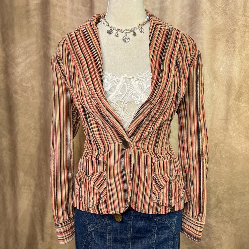 Vintage Y2K Corduroy Jacket Striped Blazer Multicolor Fitted V Neck Retro Indie